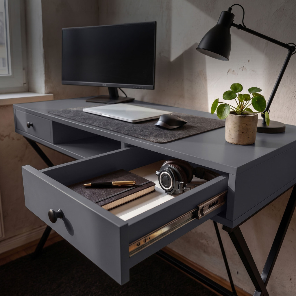 Birou stil industrial, MDF melaminat, cu 2 sertare si raft, cadru metalic, 120x50x81 cm, gri grafit - imagine 6