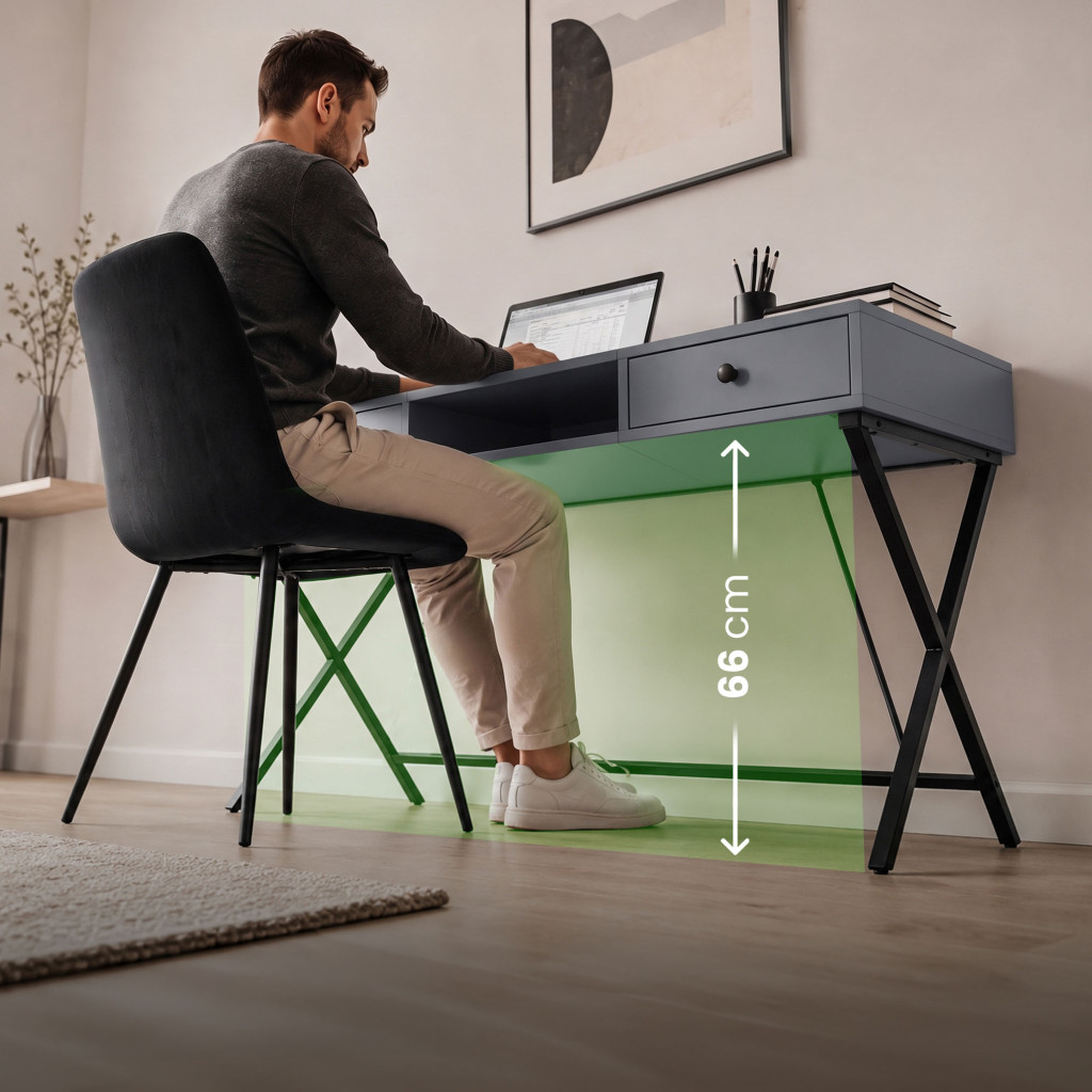 Birou stil industrial, MDF melaminat, cu 2 sertare si raft, cadru metalic, 120x50x81 cm, gri grafit - imagine 7