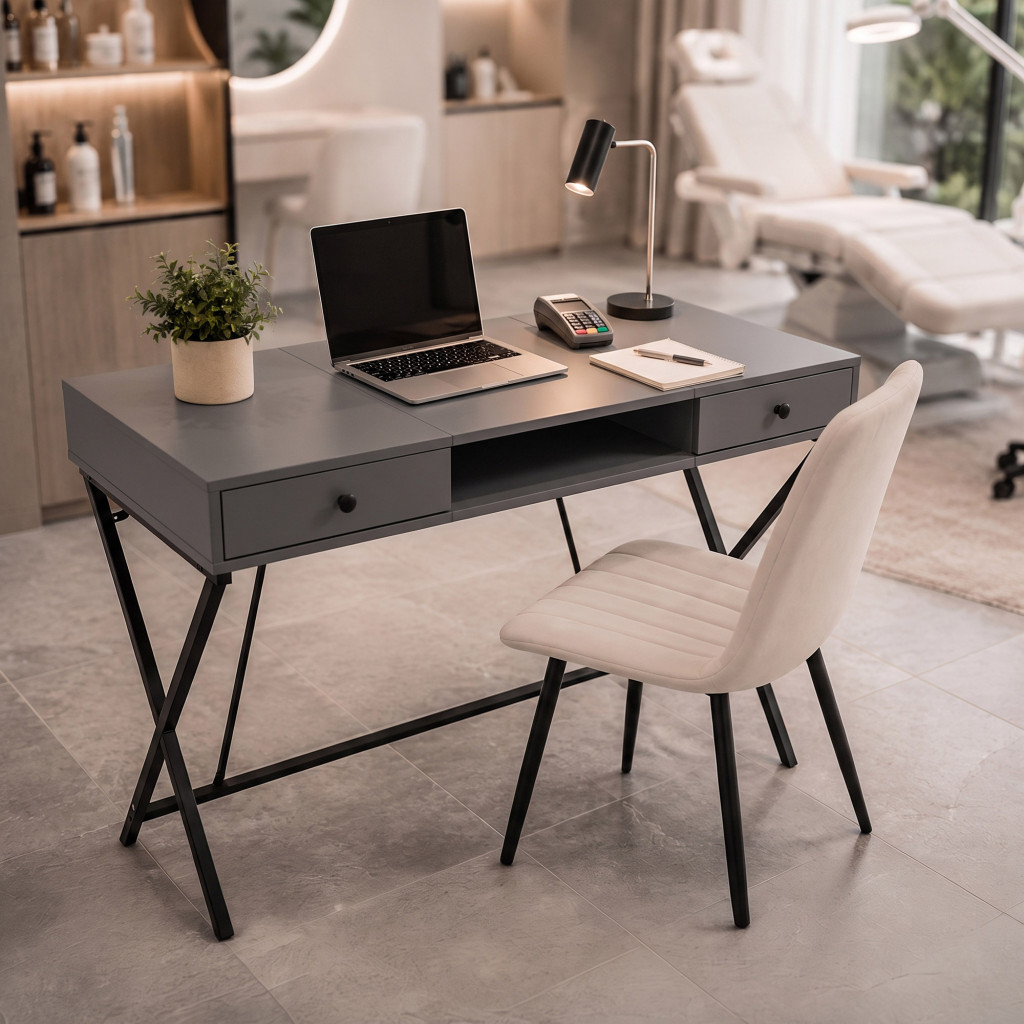Birou stil industrial, MDF melaminat, cu 2 sertare si raft, cadru metalic, 120x50x81 cm, gri grafit - imagine 9
