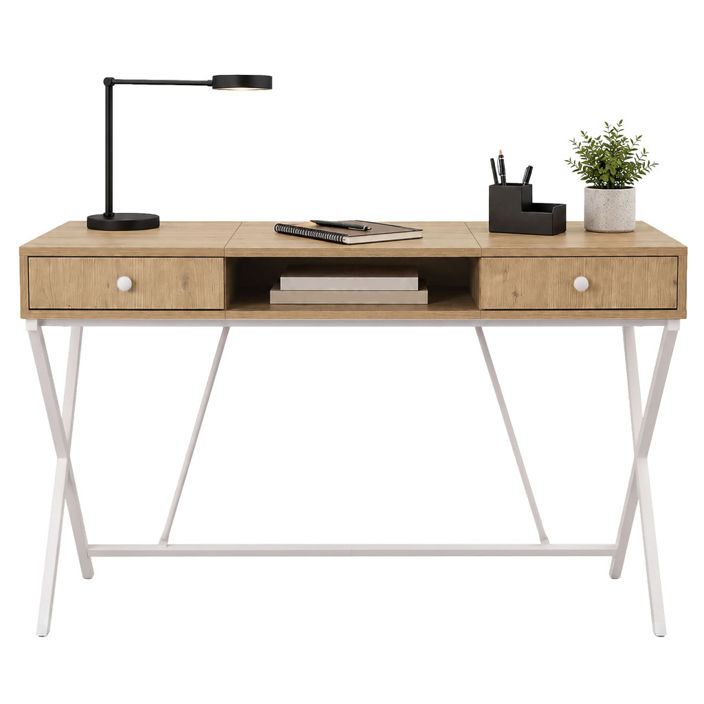 Birou stil industrial, MDF melaminat, cu 2 sertare si raft, cadru metalic, 120x50x81 cm, stejar artisan - imagine 2