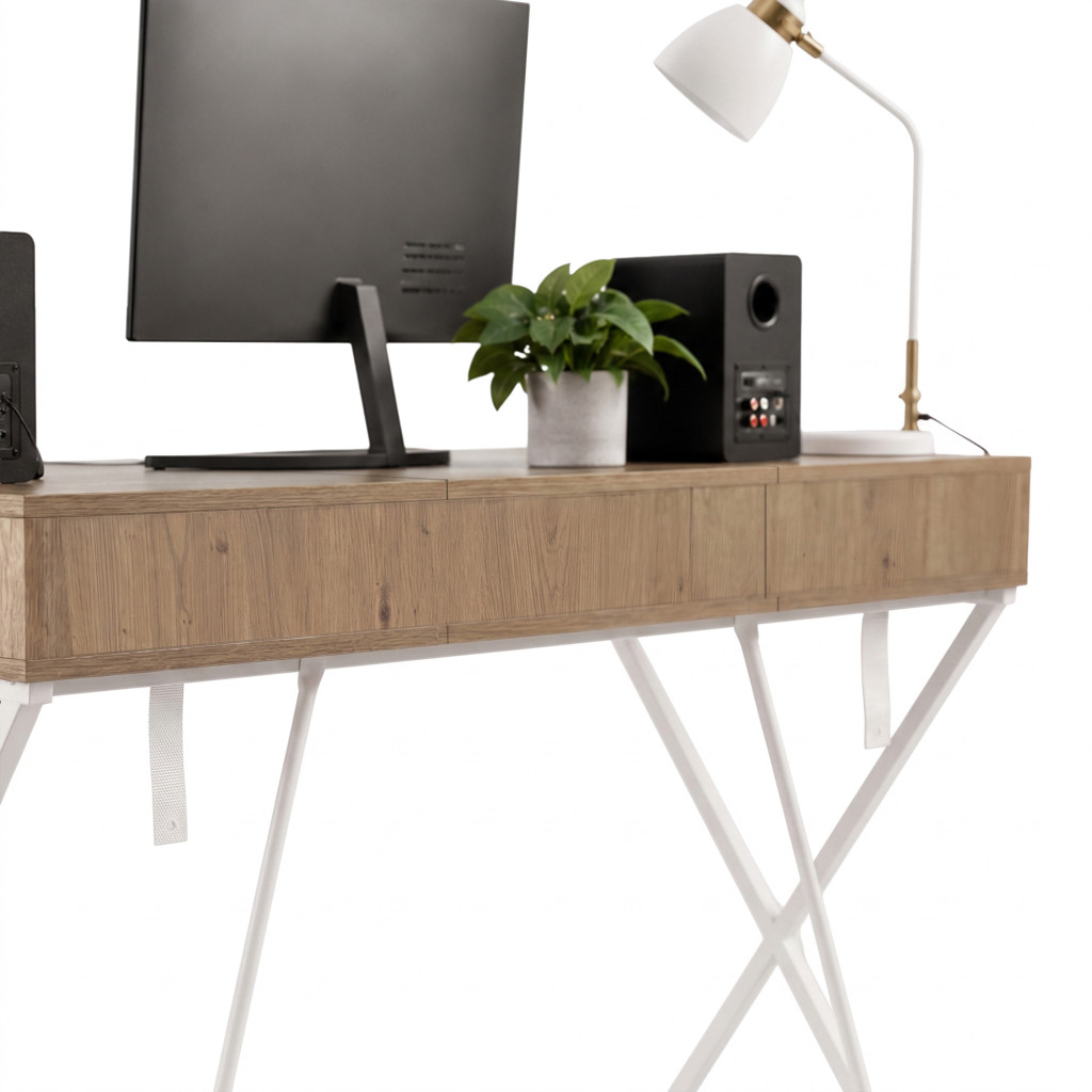 Birou stil industrial, MDF melaminat, cu 2 sertare si raft, cadru metalic, 120x50x81 cm, stejar artisan - imagine 4