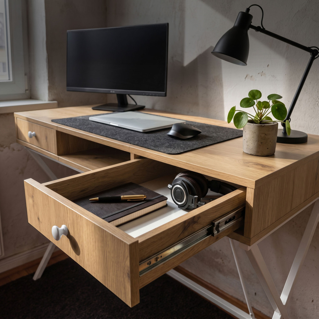 Birou stil industrial, MDF melaminat, cu 2 sertare si raft, cadru metalic, 120x50x81 cm, stejar artisan - imagine 6