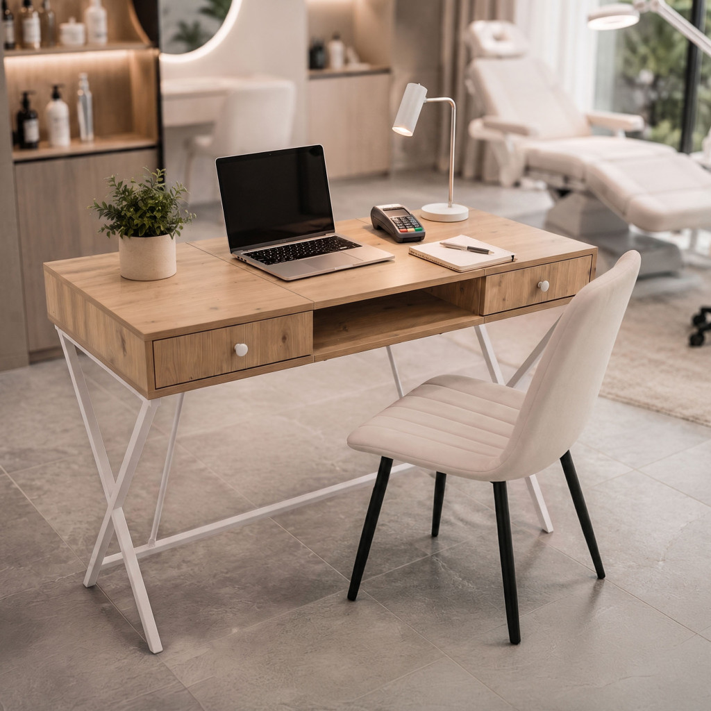 Birou stil industrial, MDF melaminat, cu 2 sertare si raft, cadru metalic, 120x50x81 cm, stejar artisan - imagine 9