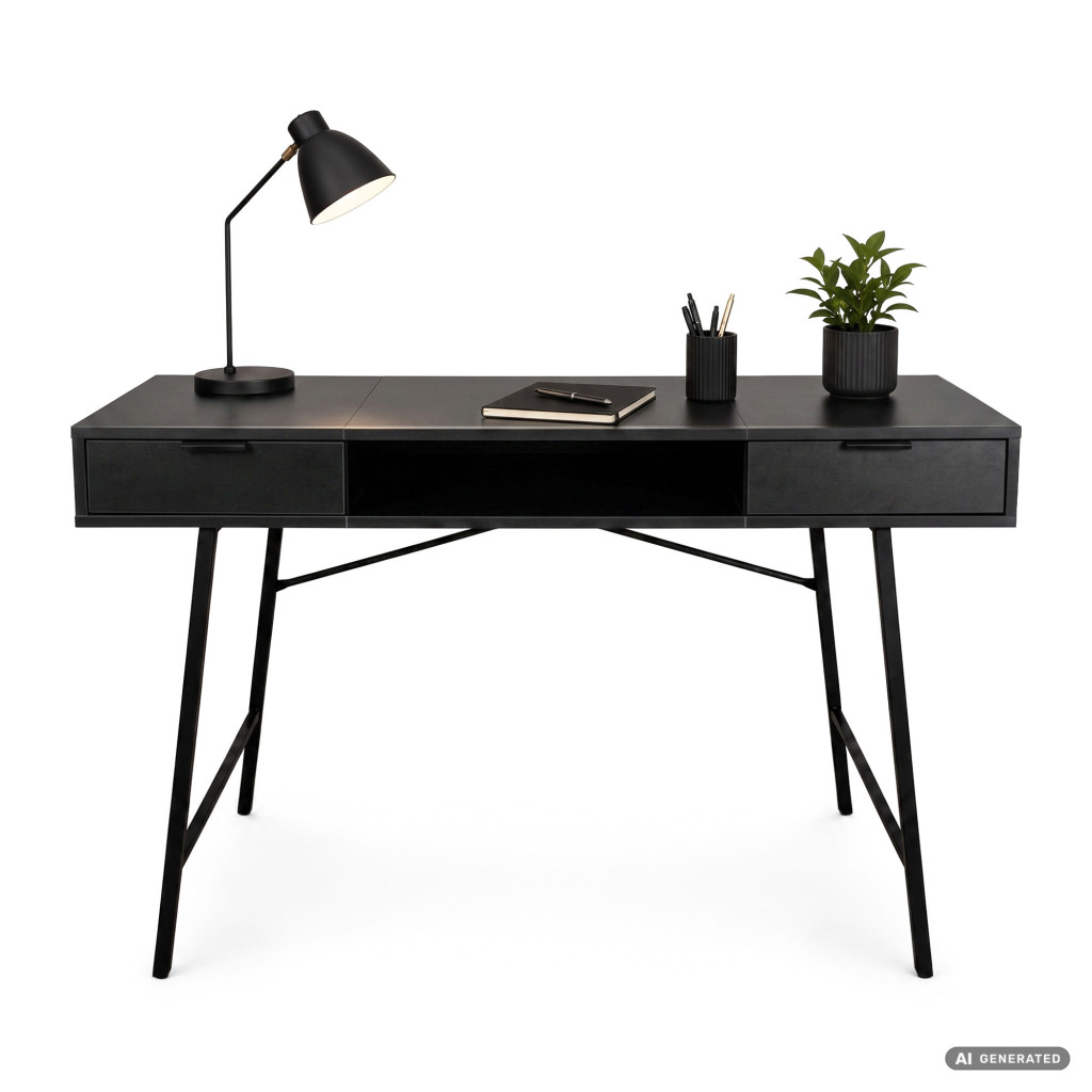 Birou industrial, MDF melaminat, cu 2 sertare si raft, cadru metalic, 120x50x81 cm, negru - imagine 2