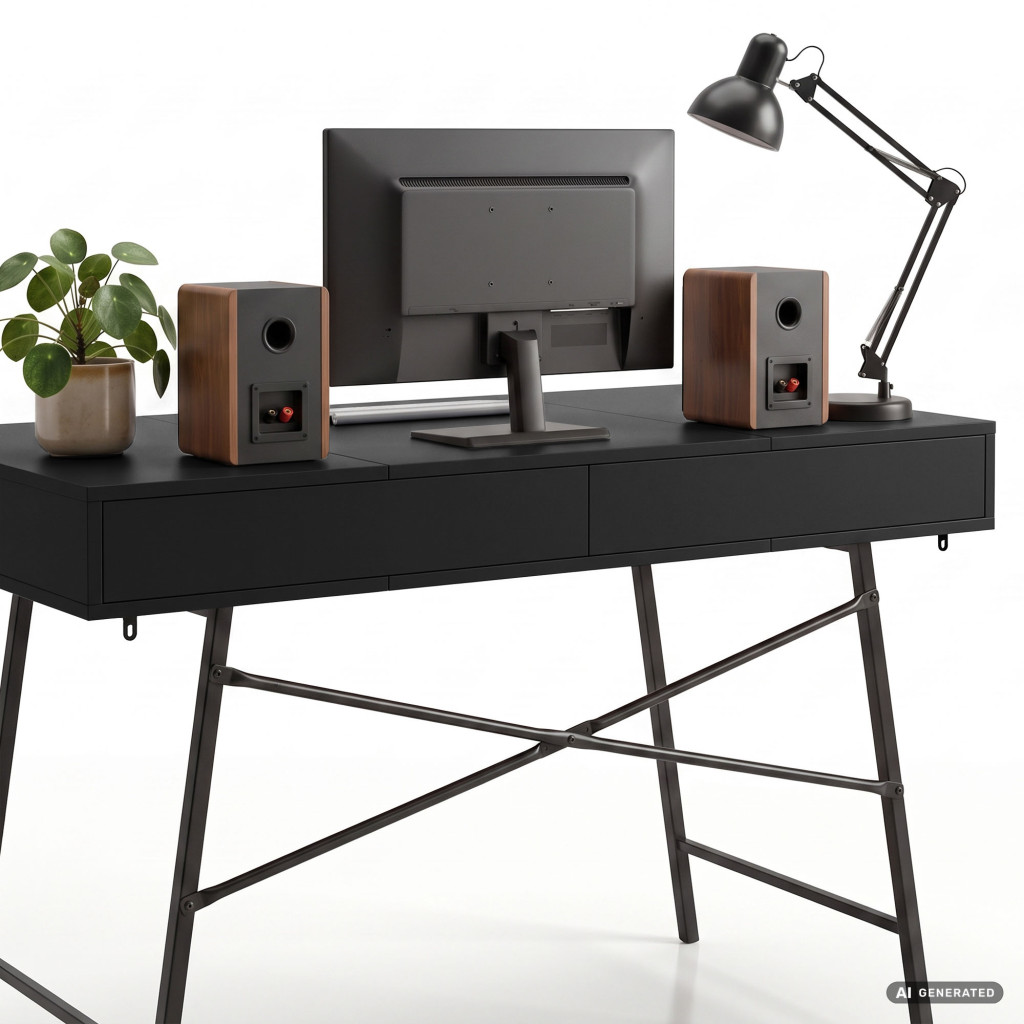 Birou industrial, MDF melaminat, cu 2 sertare si raft, cadru metalic, 120x50x81 cm, negru - imagine 4