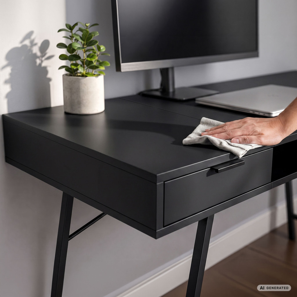 Birou industrial, MDF melaminat, cu 2 sertare si raft, cadru metalic, 120x50x81 cm, negru - imagine 5