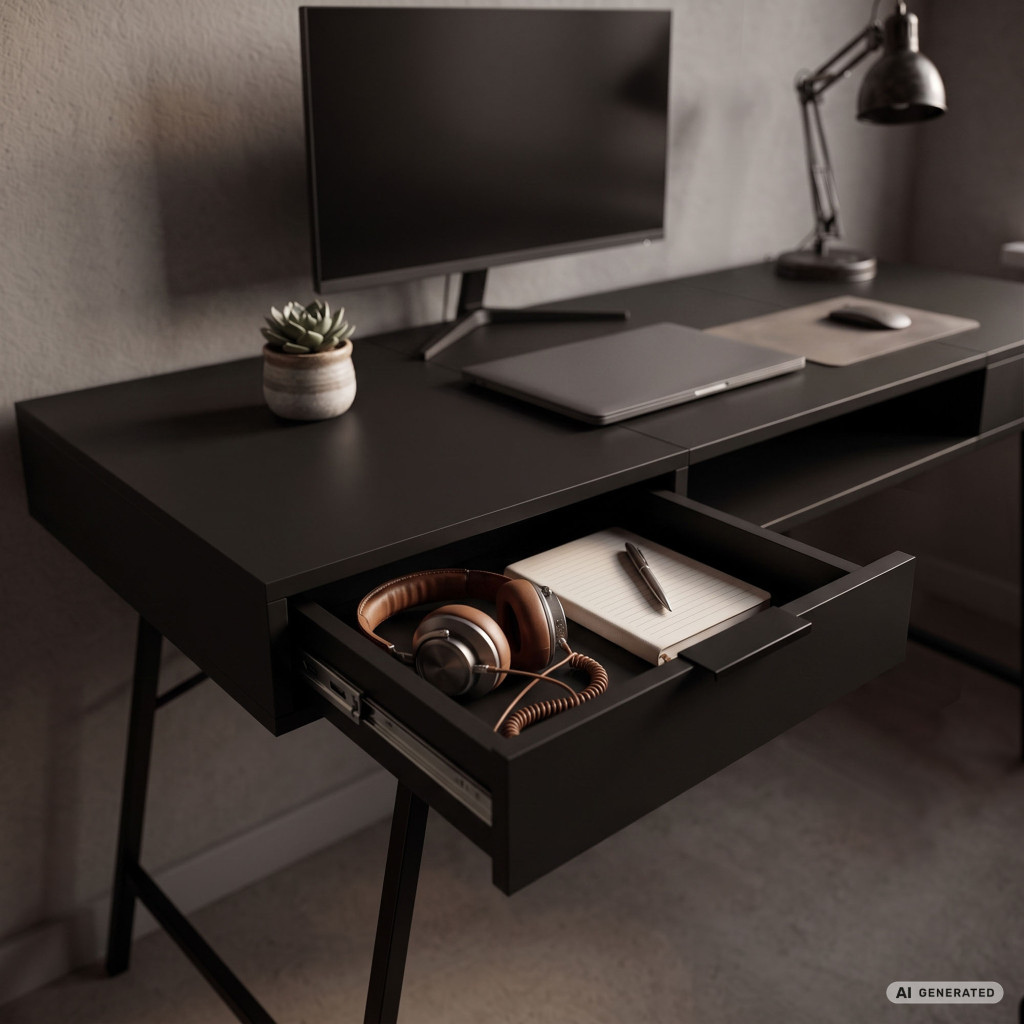 Birou industrial, MDF melaminat, cu 2 sertare si raft, cadru metalic, 120x50x81 cm, negru - imagine 6