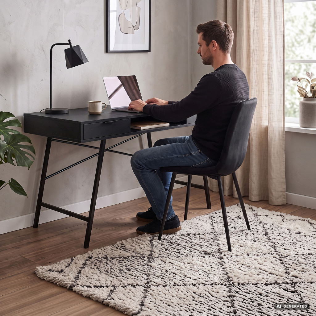 Birou industrial, MDF melaminat, cu 2 sertare si raft, cadru metalic, 120x50x81 cm, negru - imagine 7