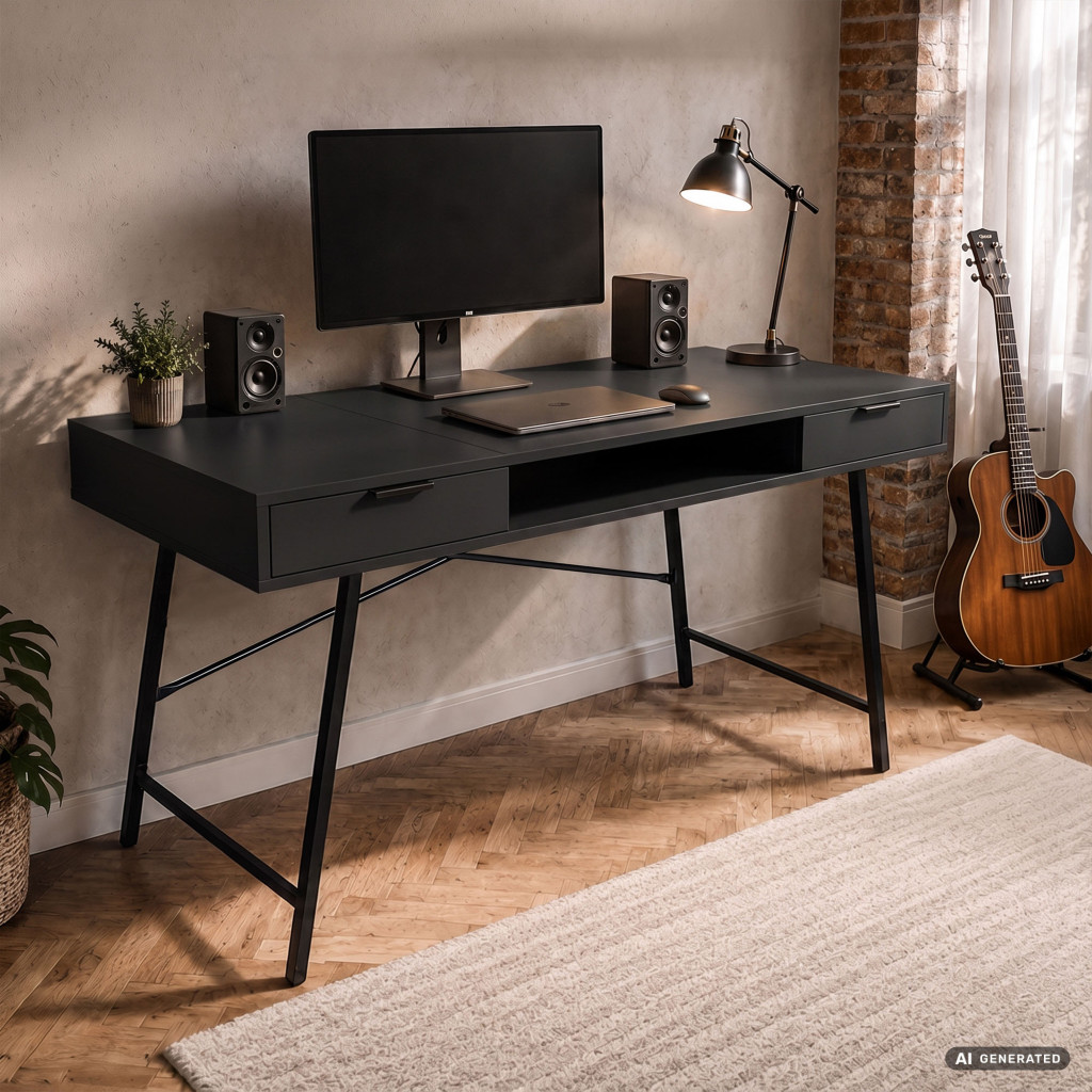 Birou industrial, MDF melaminat, cu 2 sertare si raft, cadru metalic, 120x50x81 cm, negru - imagine 8