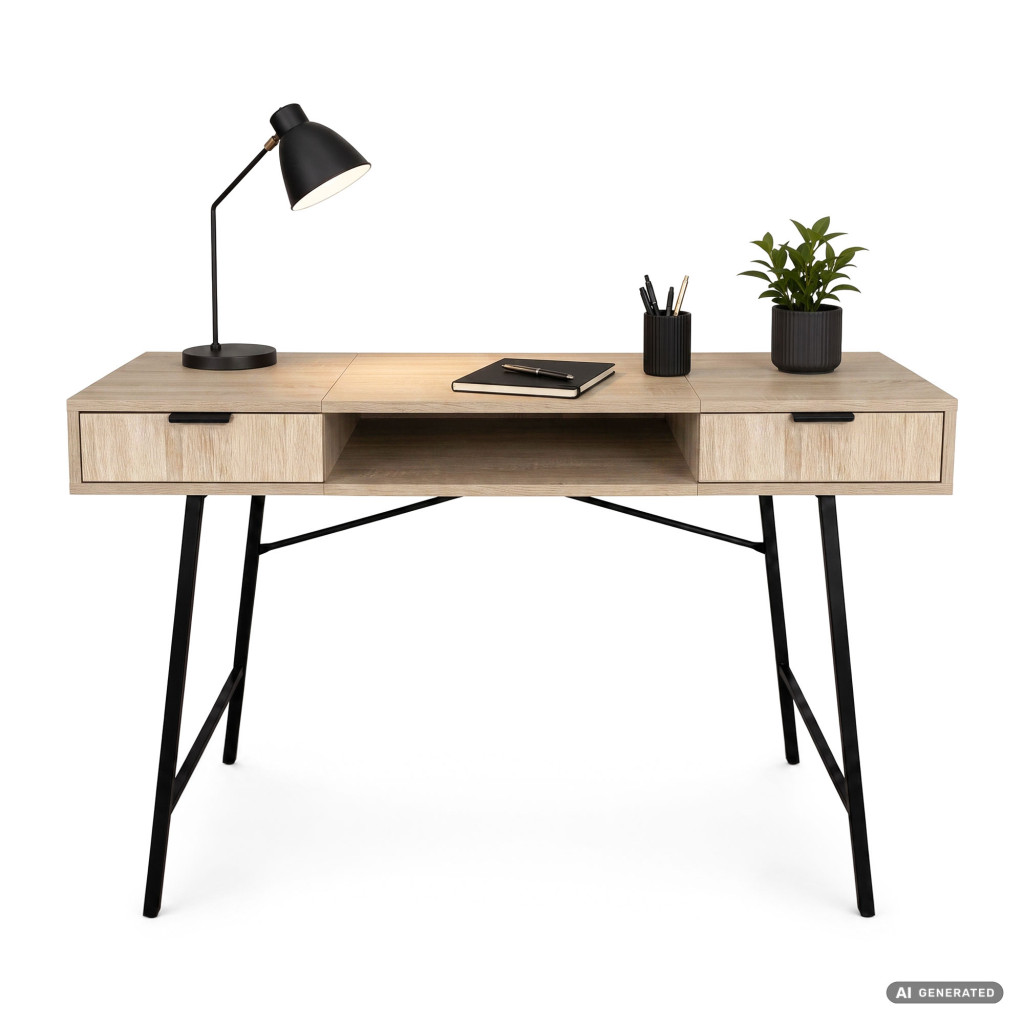 Birou industrial, MDF melaminat, cu 2 sertare si raft, cadru metalic, 120x50x81 cm, stejar sonoma - imagine 2