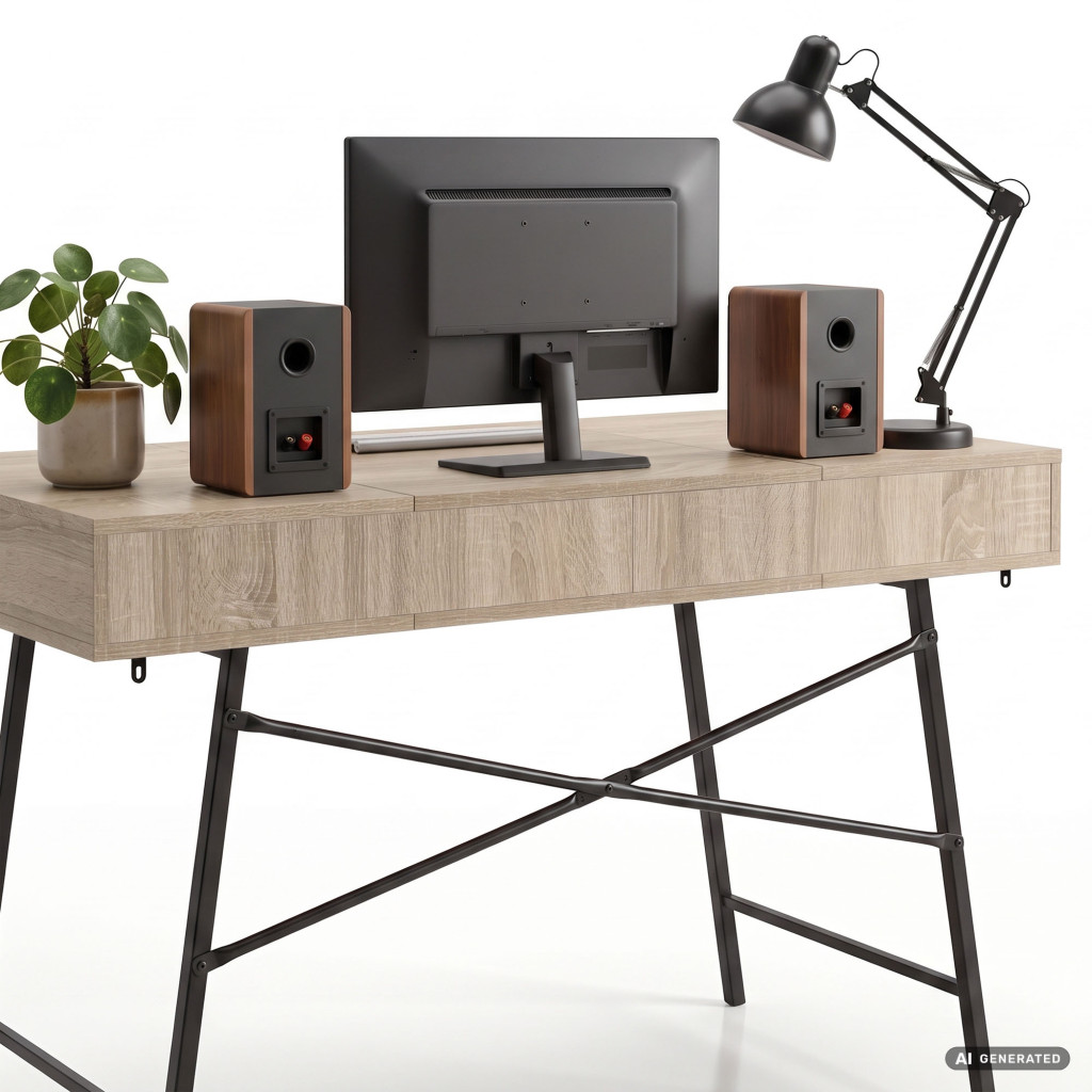 Birou industrial, MDF melaminat, cu 2 sertare si raft, cadru metalic, 120x50x81 cm, stejar sonoma - imagine 4