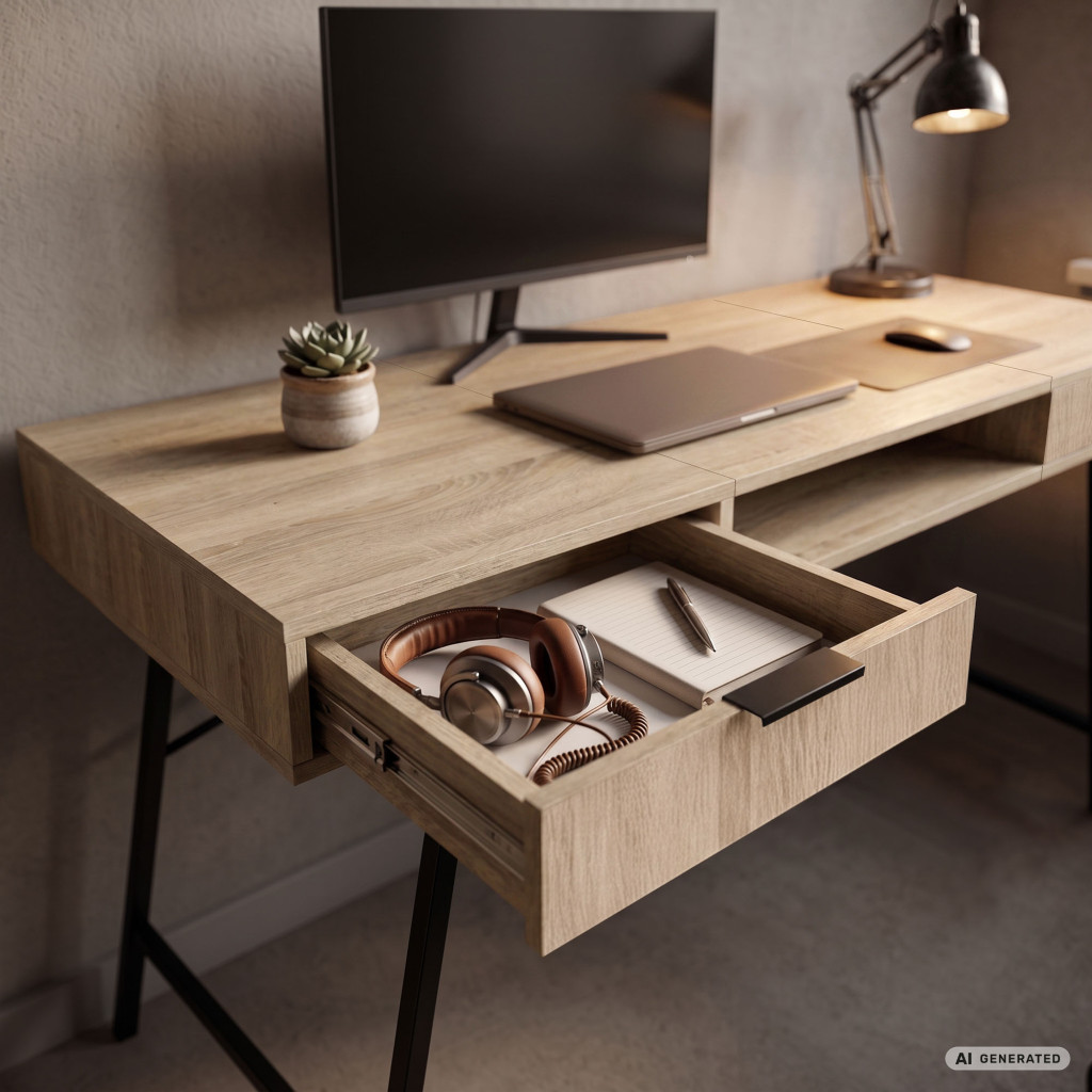 Birou industrial, MDF melaminat, cu 2 sertare si raft, cadru metalic, 120x50x81 cm, stejar sonoma - imagine 6
