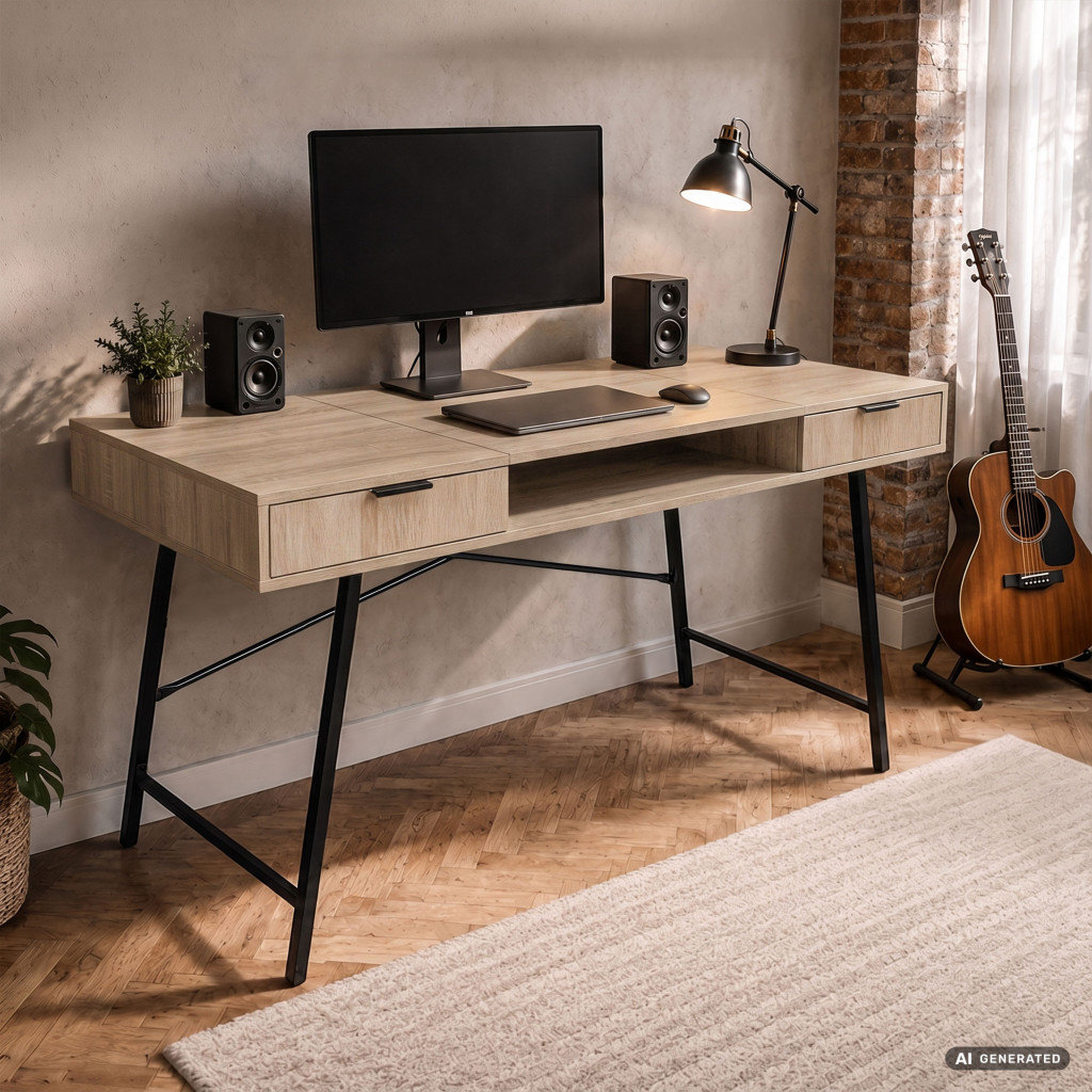 Birou industrial, MDF melaminat, cu 2 sertare si raft, cadru metalic, 120x50x81 cm, stejar sonoma - imagine 8