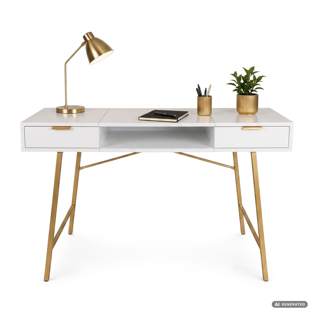 Birou industrial, MDF melaminat, cu 2 sertare si raft, cadru metalic, 120x50x81 cm, alb cu elemente auriu - imagine 2