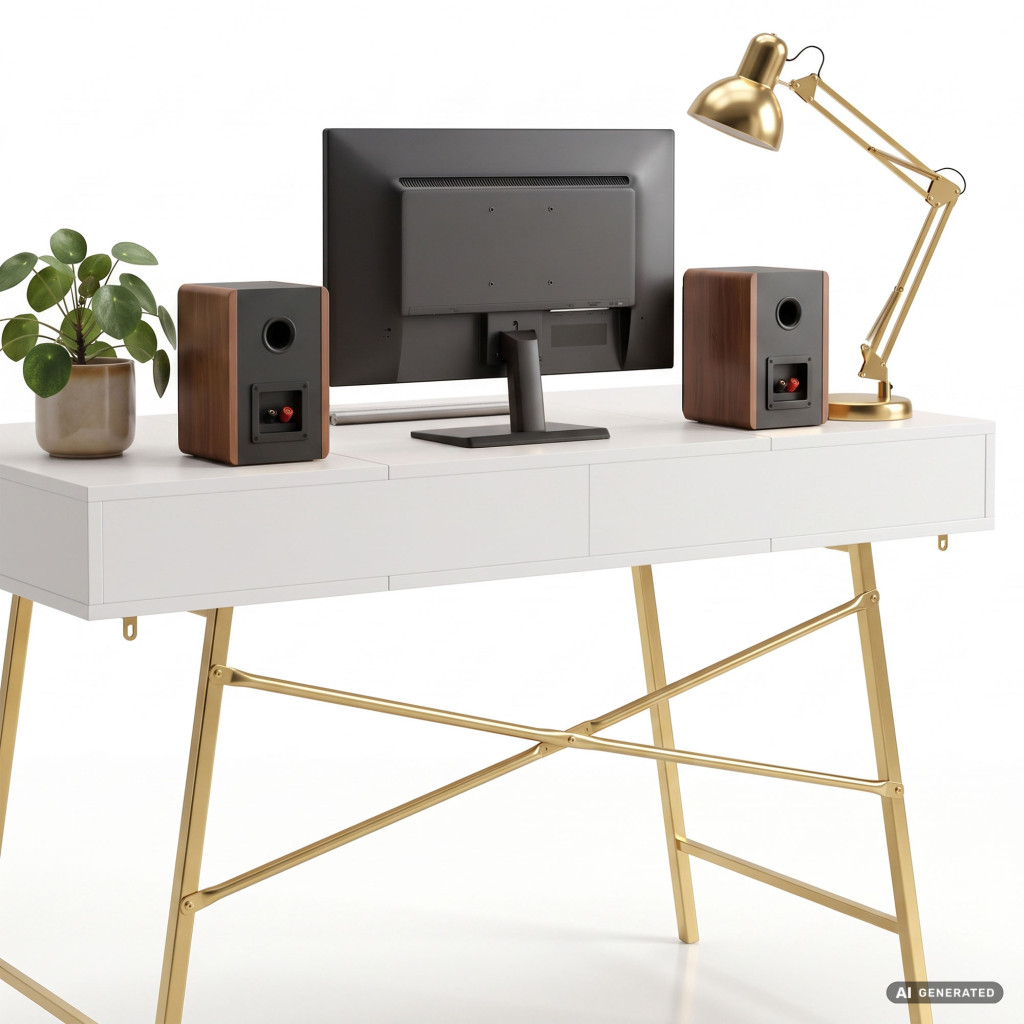 Birou industrial, MDF melaminat, cu 2 sertare si raft, cadru metalic, 120x50x81 cm, alb cu elemente auriu - imagine 4