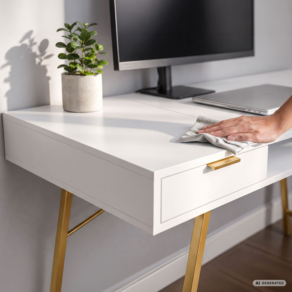 Birou industrial, MDF melaminat, cu 2 sertare si raft, cadru metalic, 120x50x81 cm, alb cu elemente auriu - imagine 5