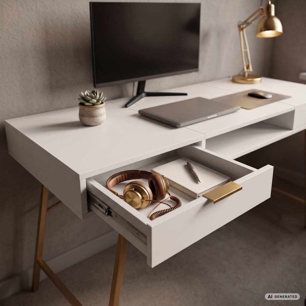 Birou industrial, MDF melaminat, cu 2 sertare si raft, cadru metalic, 120x50x81 cm, alb cu elemente auriu - imagine 6