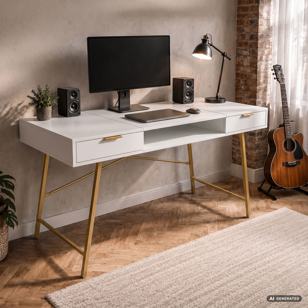 Birou industrial, MDF melaminat, cu 2 sertare si raft, cadru metalic, 120x50x81 cm, alb cu elemente auriu - imagine 8