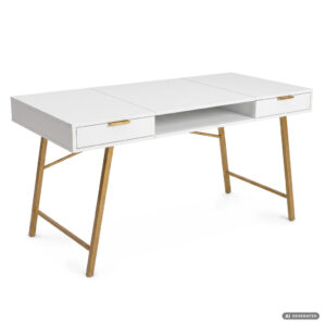 Birou industrial, MDF melaminat, cu 2 sertare si raft, cadru metalic, 120x50x81 cm, alb cu elemente auriu