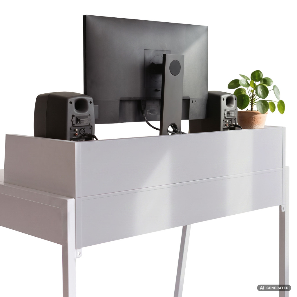Birou compact, MDF melaminat, cu 2 sertare si raft, cadru metalic, 78x48x95 cm, alb - imagine 3