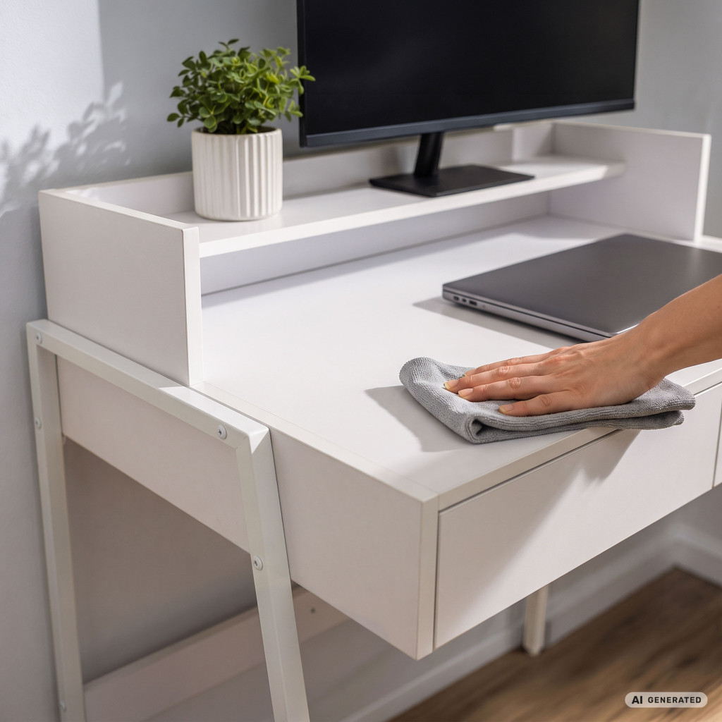 Birou compact, MDF melaminat, cu 2 sertare si raft, cadru metalic, 78x48x95 cm, alb - imagine 4