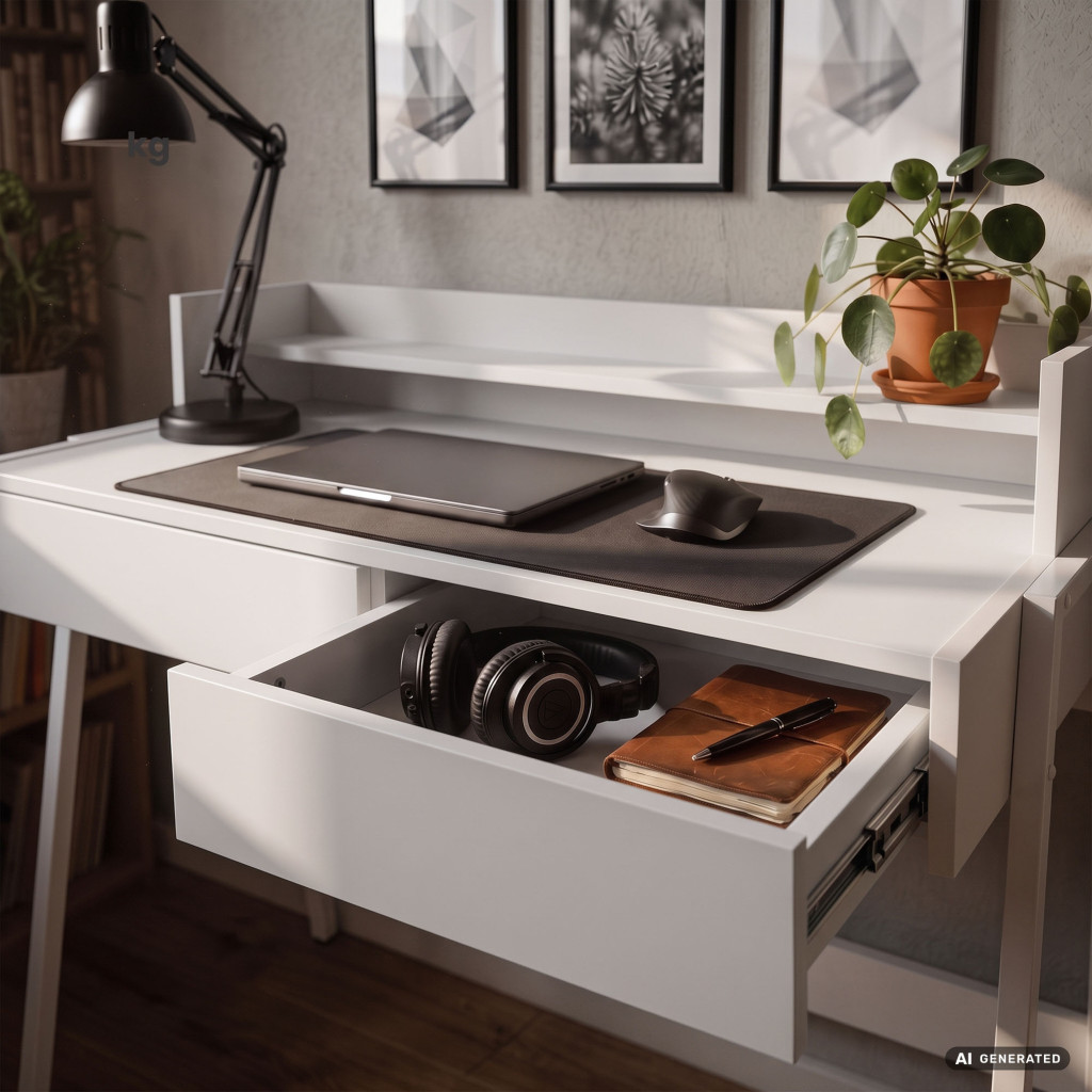 Birou compact, MDF melaminat, cu 2 sertare si raft, cadru metalic, 78x48x95 cm, alb - imagine 5