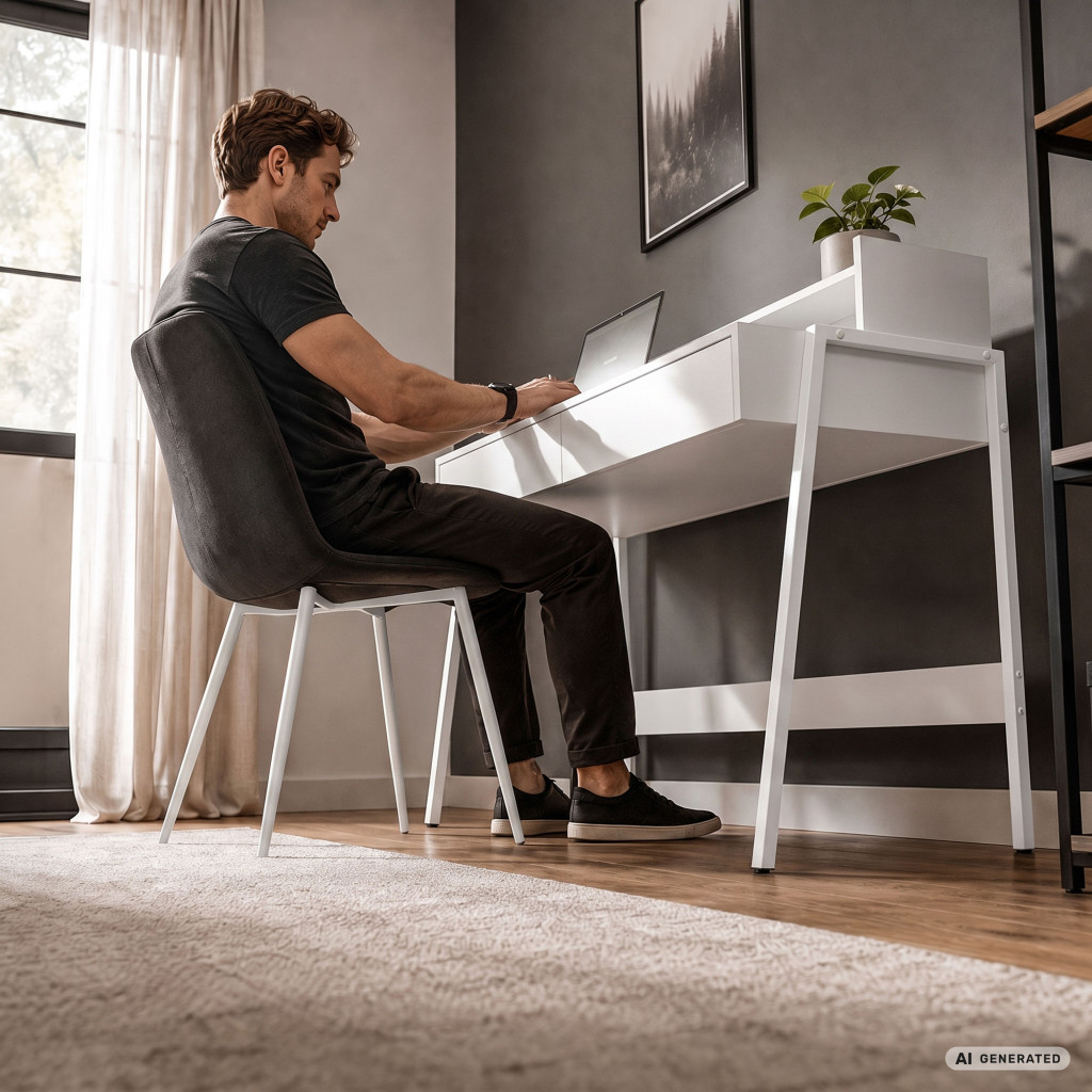 Birou compact, MDF melaminat, cu 2 sertare si raft, cadru metalic, 78x48x95 cm, alb - imagine 6