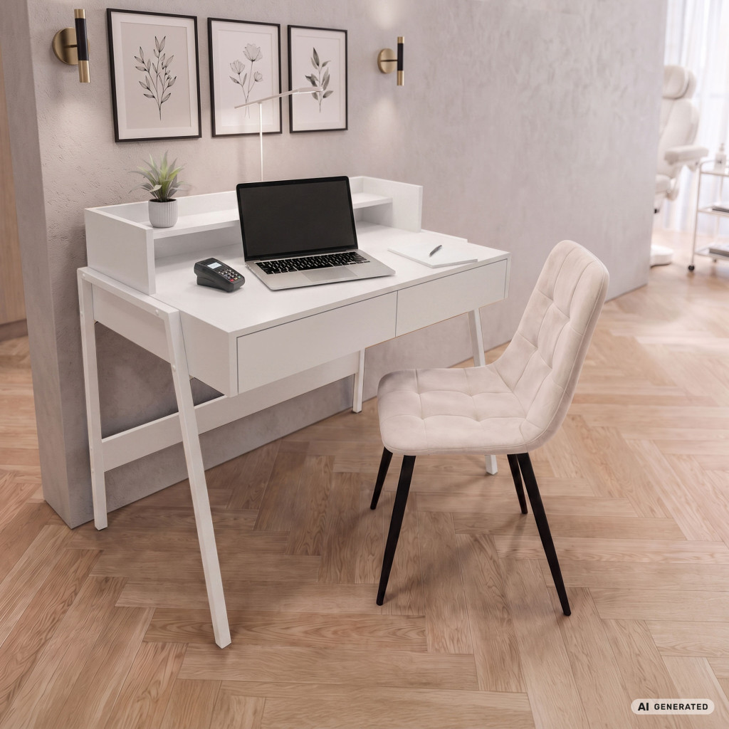 Birou compact, MDF melaminat, cu 2 sertare si raft, cadru metalic, 78x48x95 cm, alb - imagine 8