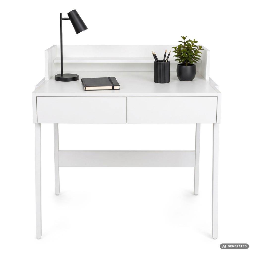 Birou compact, MDF melaminat, cu 2 sertare si raft, cadru metalic, 78x48x95 cm, alb - imagine 9
