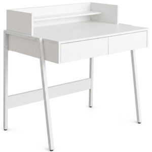 Birou compact, MDF melaminat, cu 2 sertare si raft, cadru metalic, 78x48x95 cm, alb