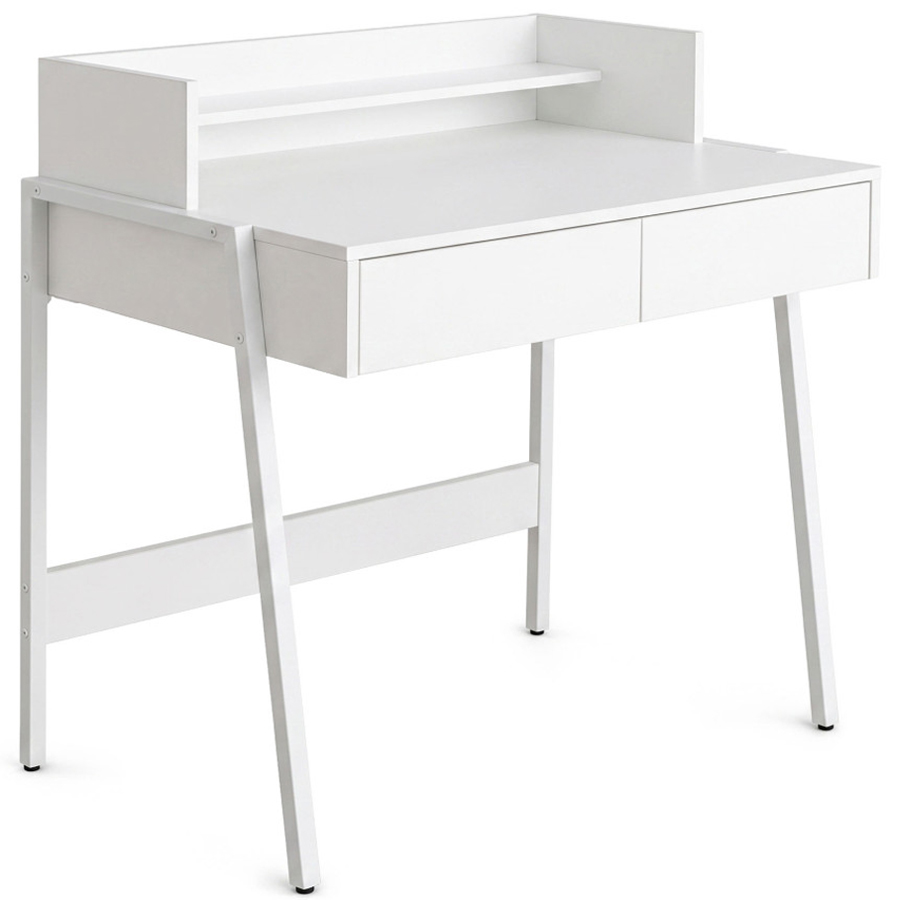 Birou compact, MDF melaminat, cu 2 sertare si raft, cadru metalic, 78x48x95 cm, alb