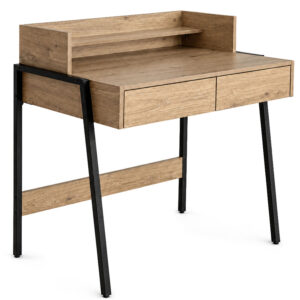 Birou compact, MDF melaminat, cu 2 sertare si raft, cadru metalic, 78x48x95 cm, stejar artisan