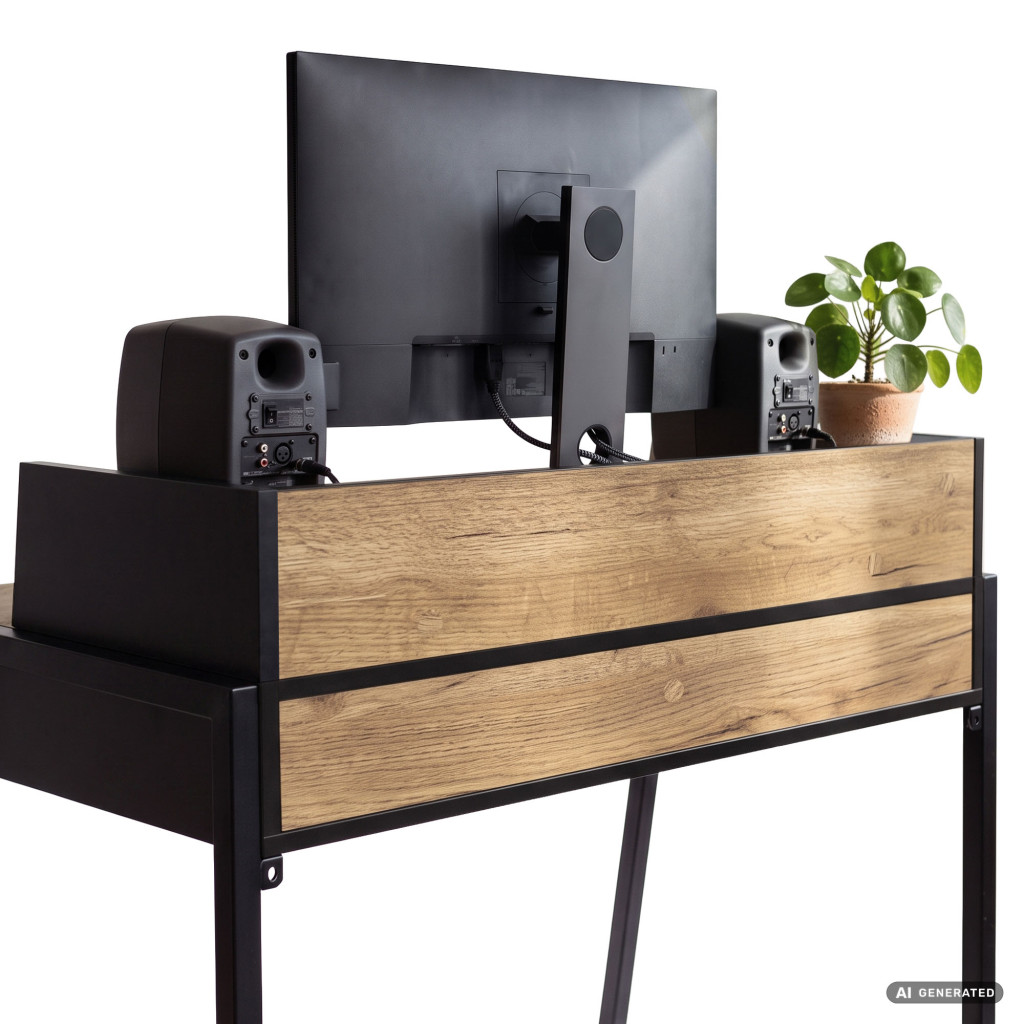 Birou compact, MDF melaminat, cu 2 sertare si raft, cadru metalic, 78x48x95 cm, stejar craft si negru - imagine 3