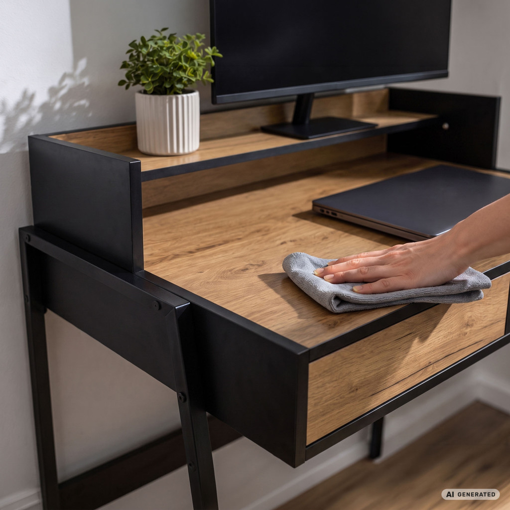 Birou compact, MDF melaminat, cu 2 sertare si raft, cadru metalic, 78x48x95 cm, stejar craft si negru - imagine 4