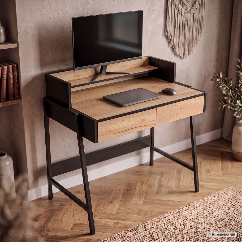 Birou compact, MDF melaminat, cu 2 sertare si raft, cadru metalic, 78x48x95 cm, stejar craft si negru - imagine 6