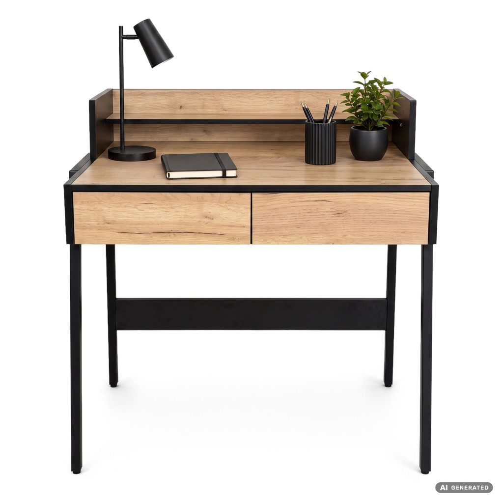 Birou compact, MDF melaminat, cu 2 sertare si raft, cadru metalic, 78x48x95 cm, stejar craft si negru - imagine 8