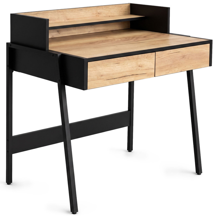 Birou compact, MDF melaminat, cu 2 sertare si raft, cadru metalic, 78x48x95 cm, stejar craft si negru
