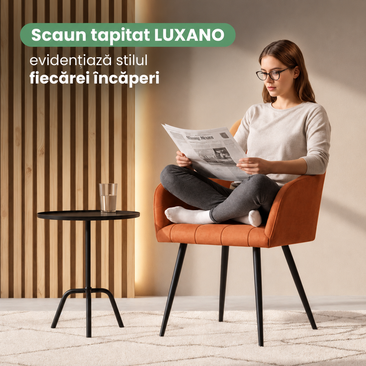 Set 2 scaune dining tapitate cu velur Luxano, cusaturi patrate, 54x58x82 cm, aramiu - imagine 11