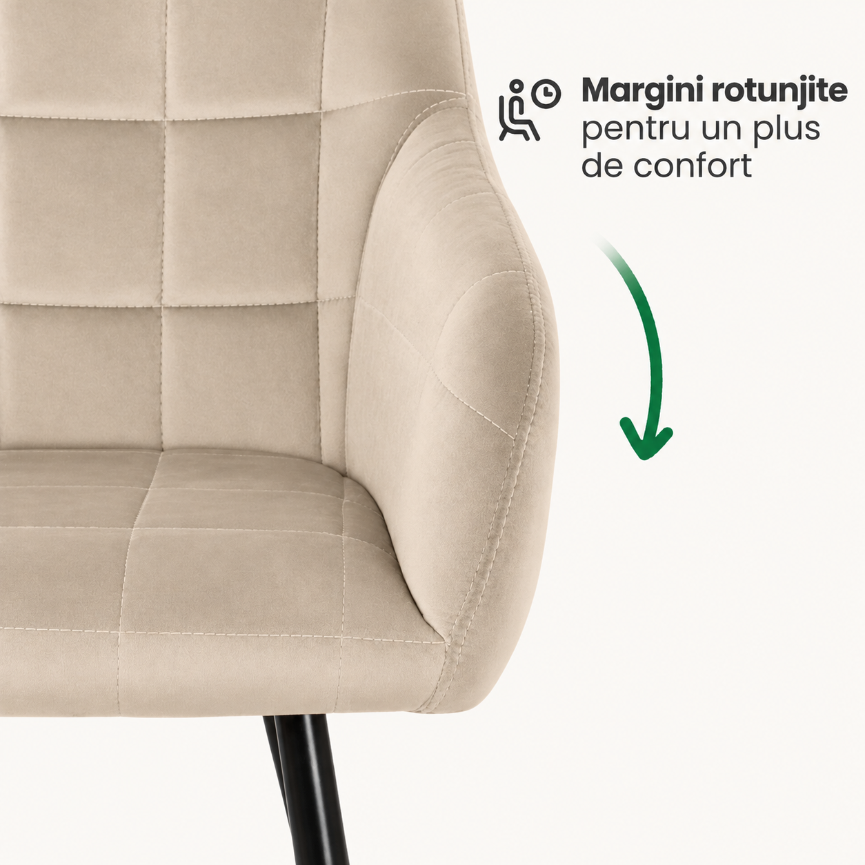 Set 2 scaune dining tapitate cu velur Luxano, cusaturi patrate, 54x58x82 cm, bej deschis - imagine 2