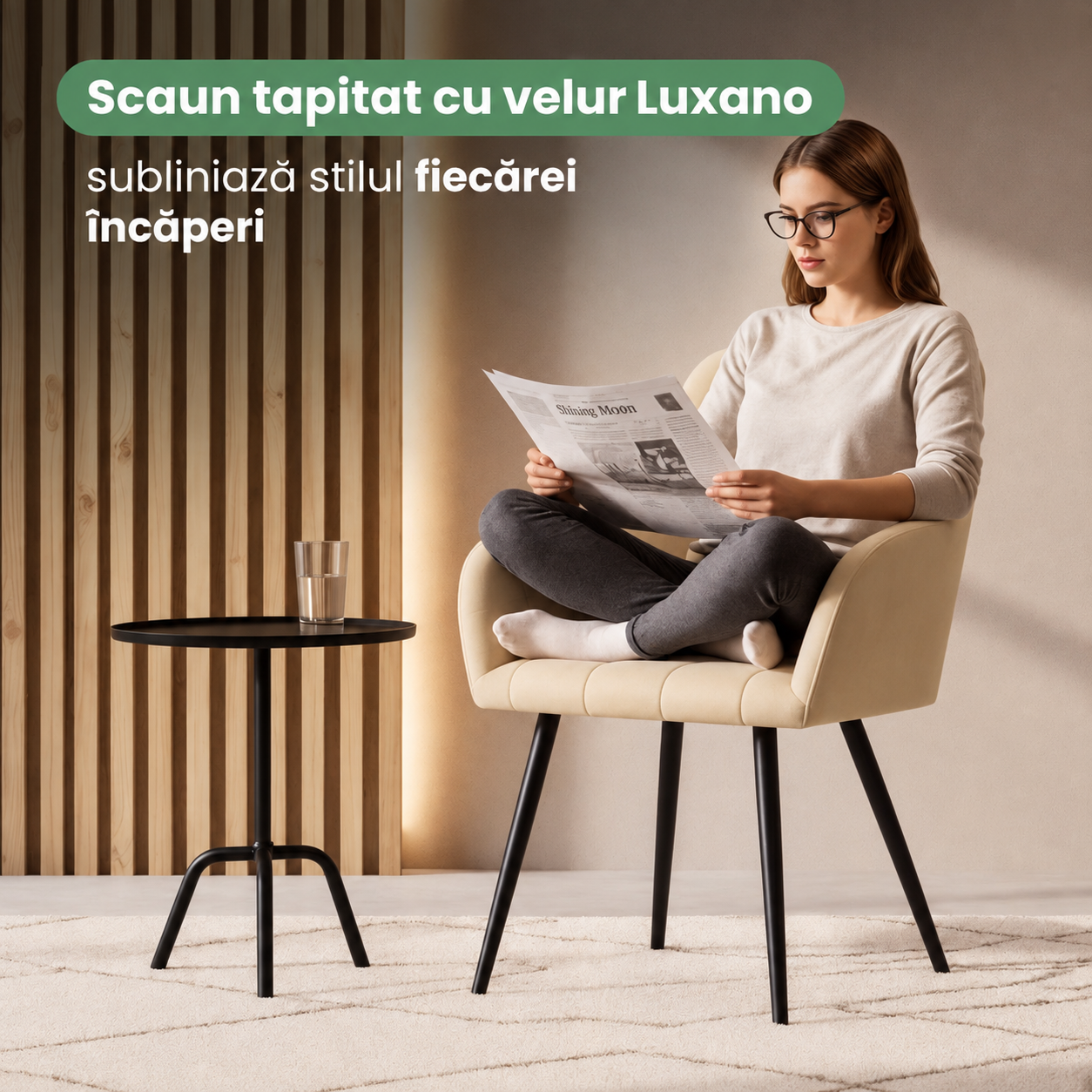 Set 2 scaune dining tapitate cu velur Luxano, cusaturi patrate, 54x58x82 cm, bej deschis - imagine 6