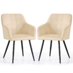 Set 2 scaune dining tapitate cu velur Luxano, cusaturi patrate, 54x58x82 cm, bej deschis