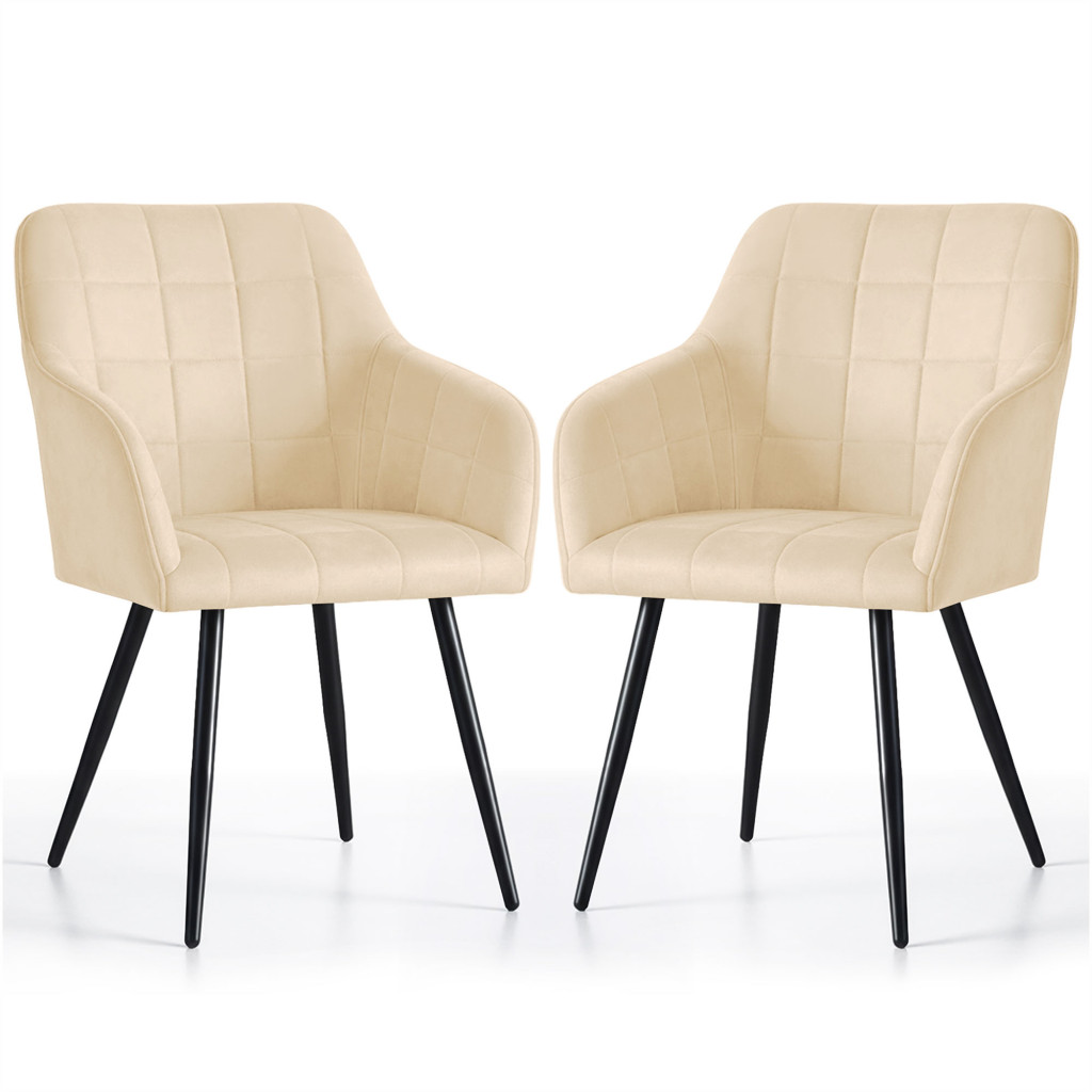 Set 2 scaune dining tapitate cu velur Luxano, cusaturi patrate, 54x58x82 cm, bej deschis