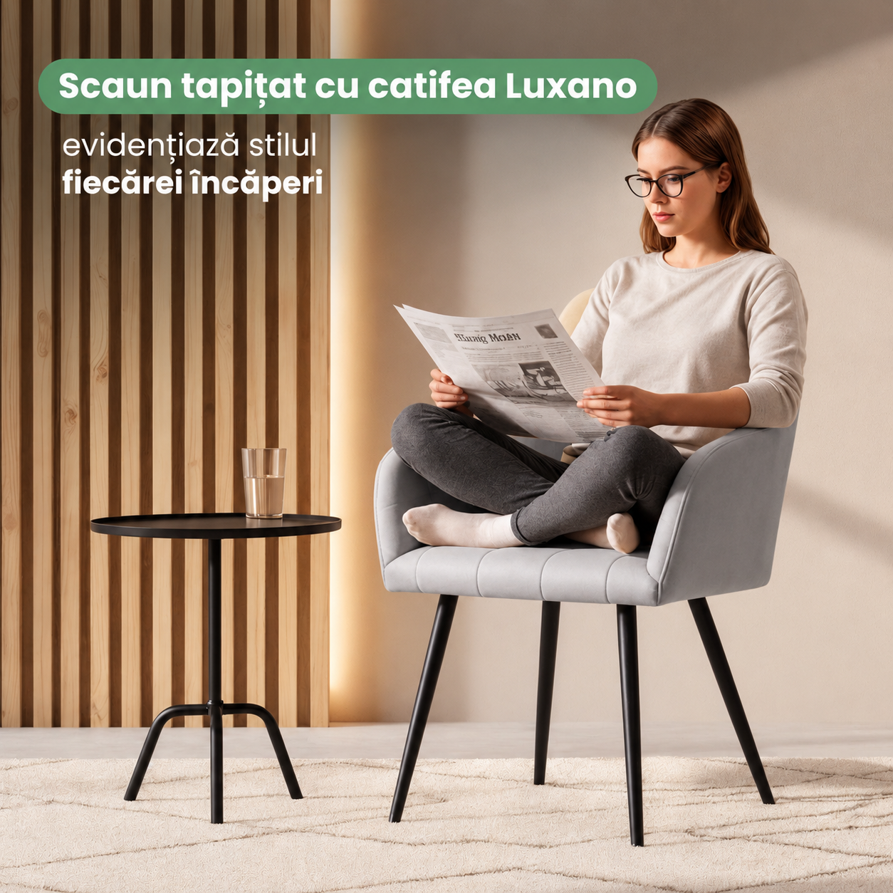 Set 2 scaune dining tapitate cu velur Luxano, cusaturi patrate, 54x58x82 cm, gri - imagine 7