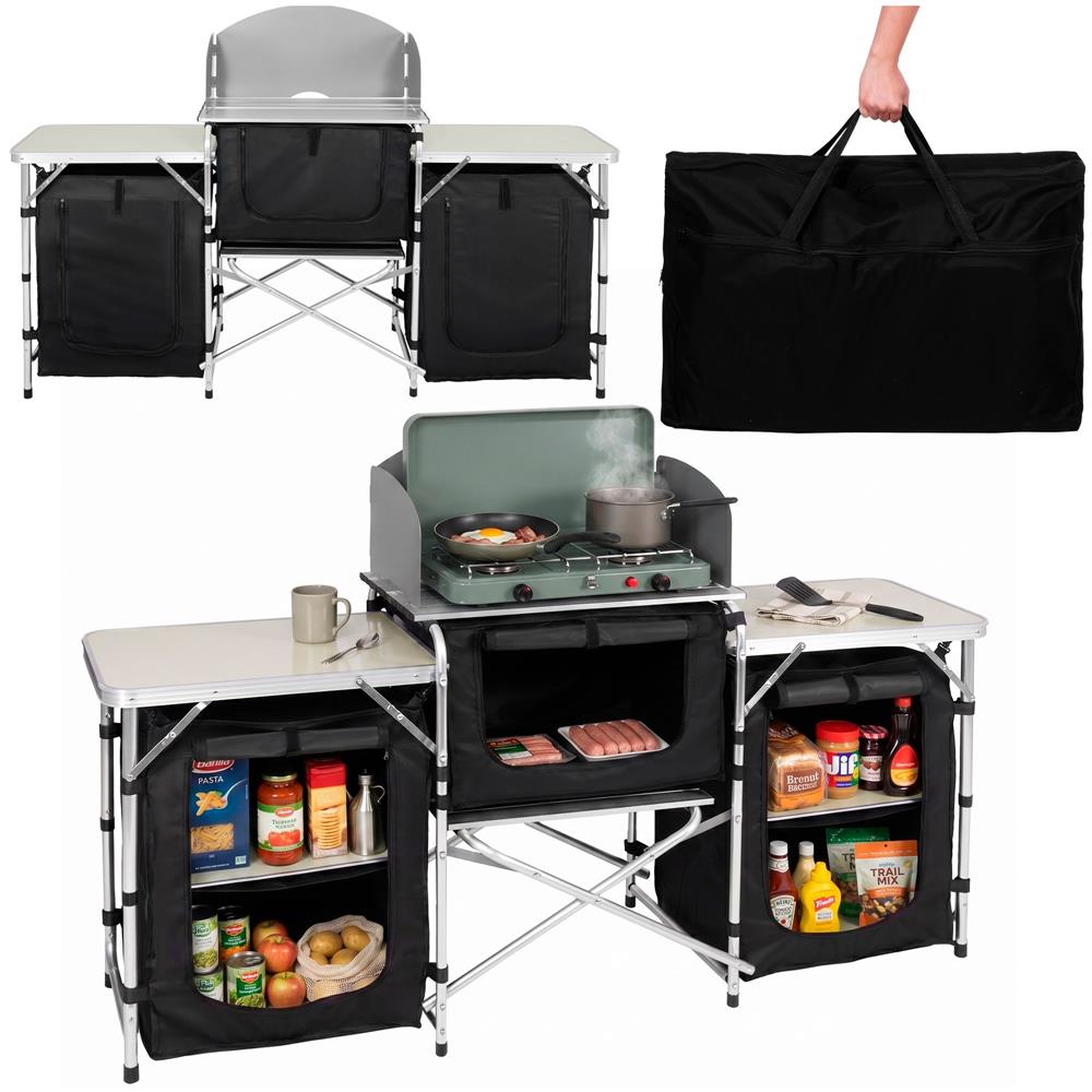 Bucatarie de camping pliabila cu 3 blaturi MDF, cadru aluminiu, portabila pentru exterior, 175x45x110 cm, gri - imagine 2