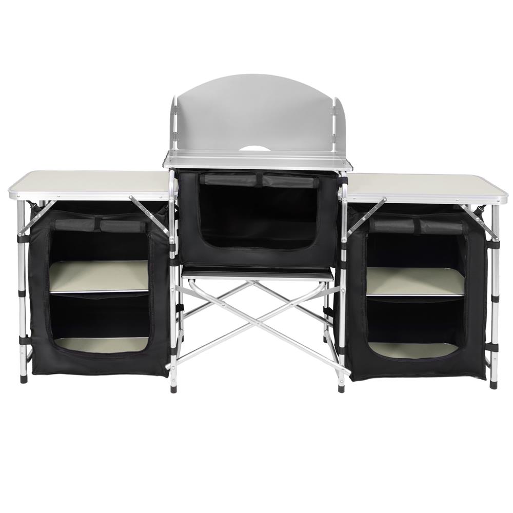 Bucatarie de camping pliabila cu 3 blaturi MDF, cadru aluminiu, portabila pentru exterior, 175x45x110 cm, gri - imagine 10