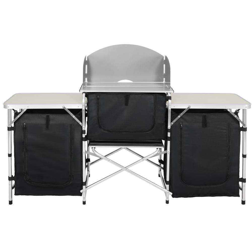 Bucatarie de camping pliabila cu 3 blaturi MDF, cadru aluminiu, portabila pentru exterior, 175x45x110 cm, gri - imagine 11