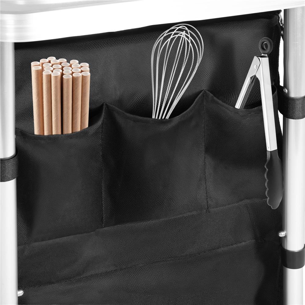 Bucatarie de camping pliabila cu 3 blaturi MDF, cadru aluminiu, portabila pentru exterior, 175x45x110 cm, gri - imagine 12
