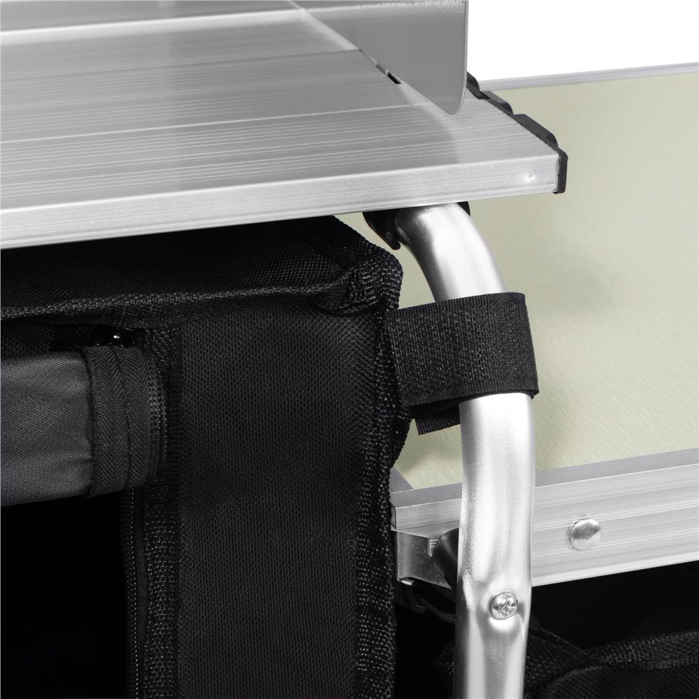 Bucatarie de camping pliabila cu 3 blaturi MDF, cadru aluminiu, portabila pentru exterior, 175x45x110 cm, gri - imagine 28