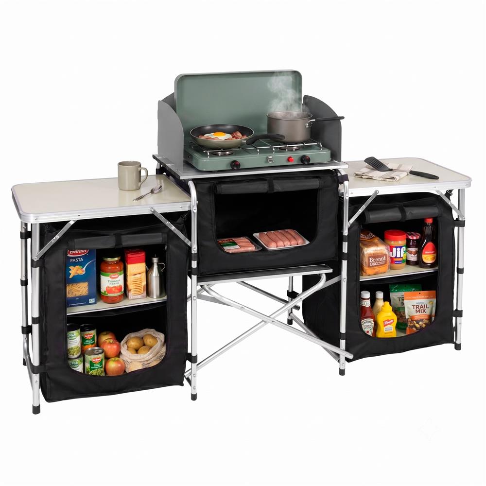 Bucatarie de camping pliabila cu 3 blaturi MDF, cadru aluminiu, portabila pentru exterior, 175x45x110 cm, gri - imagine 32
