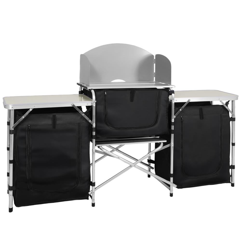 Bucatarie de camping pliabila cu 3 blaturi MDF, cadru aluminiu, portabila pentru exterior, 175x45x110 cm, gri - imagine 33